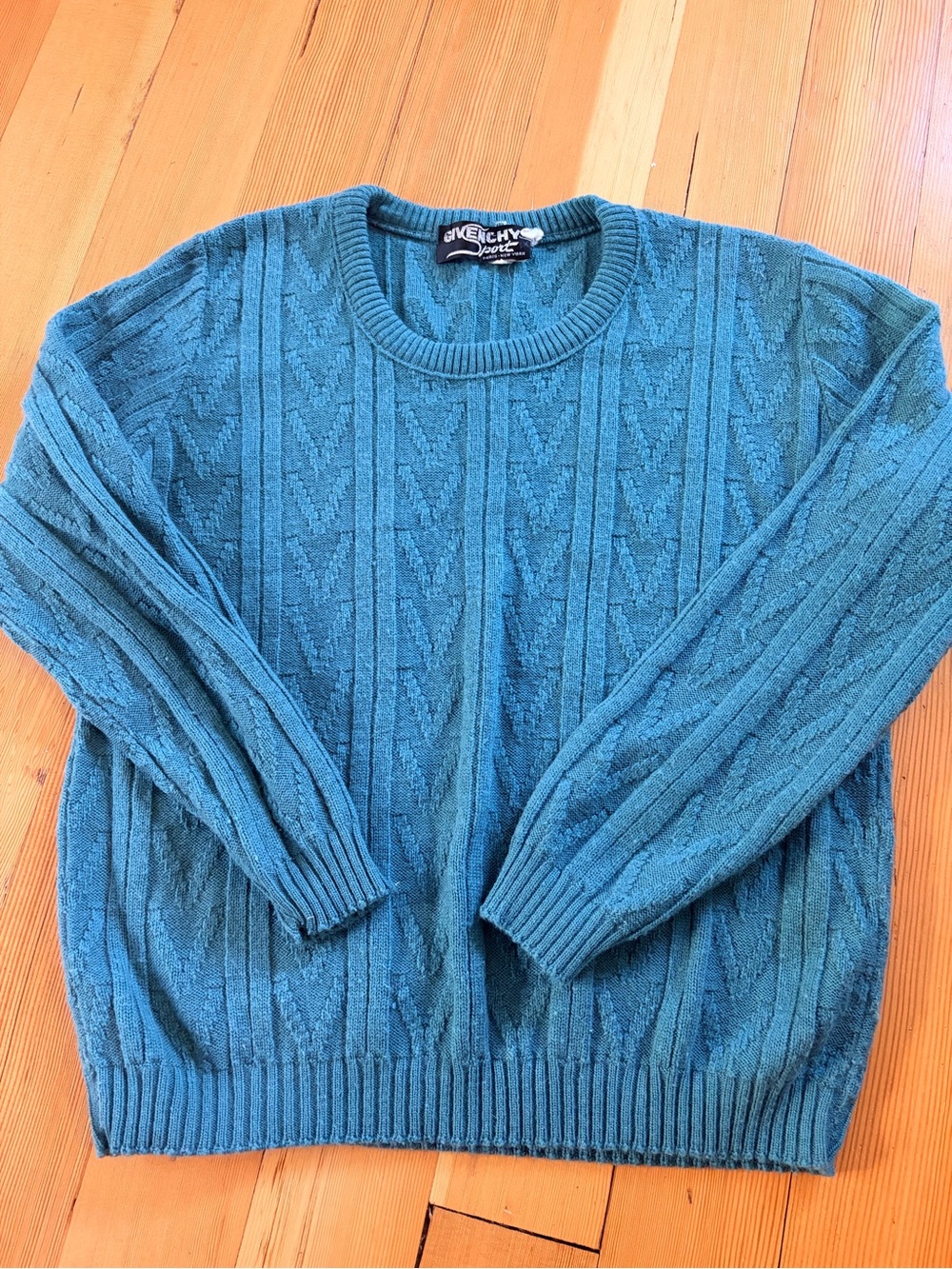 Vintage Givenchy Teal Cable-Knit Wool Blend Sweater, Designer, Size Small